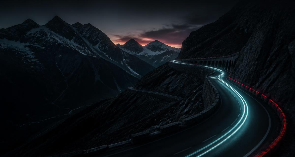 Route de montagne la nuit, traînées lumineuses des phares